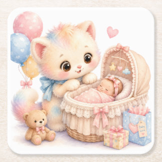 Söt Baby Shower Coaster | Tumble Watercolor Underlägg Papper Kvadrat