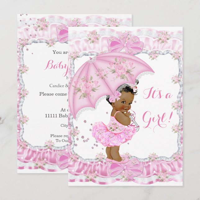 Söt Baby Shower Flicka Blommig Rosa Etnisk Inbjudningar (Fram/baksida)