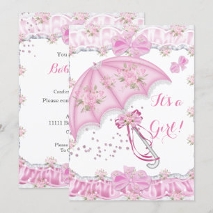 Söt Baby Shower Flicka Blommig Rosa Paraply Inbjudningar