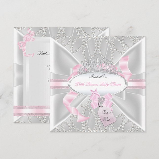 Söt Baby Shower Flicka Liten Prinsessa Diamanter 3 Inbjudningar (Fram/baksida)