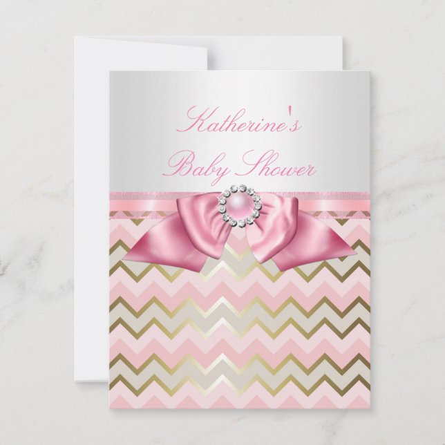 Söt Baby Shower Flicka Rosa Guld Chevron Inbjudningar (Framsida)