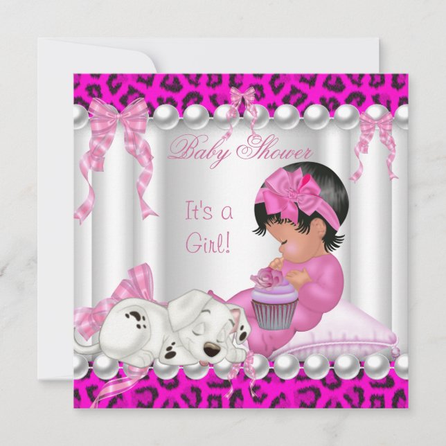 Söt baby shower flicka rosa leopard cupcake inbjudningar (Framsida)