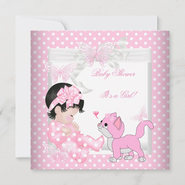 Söt Baby Shower Flicka Rosa Prick Kitten 3CC Inbjudningar (Framsida)