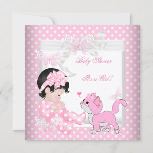 Söt Baby Shower Flicka Rosa Prick Kitten 3CC Inbjudningar