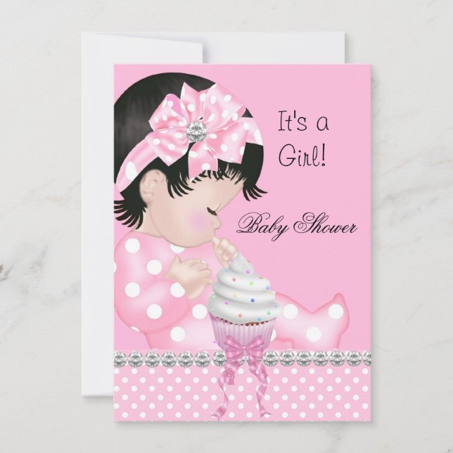 Söt Baby Shower Flicka Rosa Prickar Cupcake Inbjudningar (Framsida)