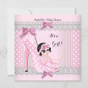 Söt baby shower flicka rosa prickar högklackad 2 inbjudningar