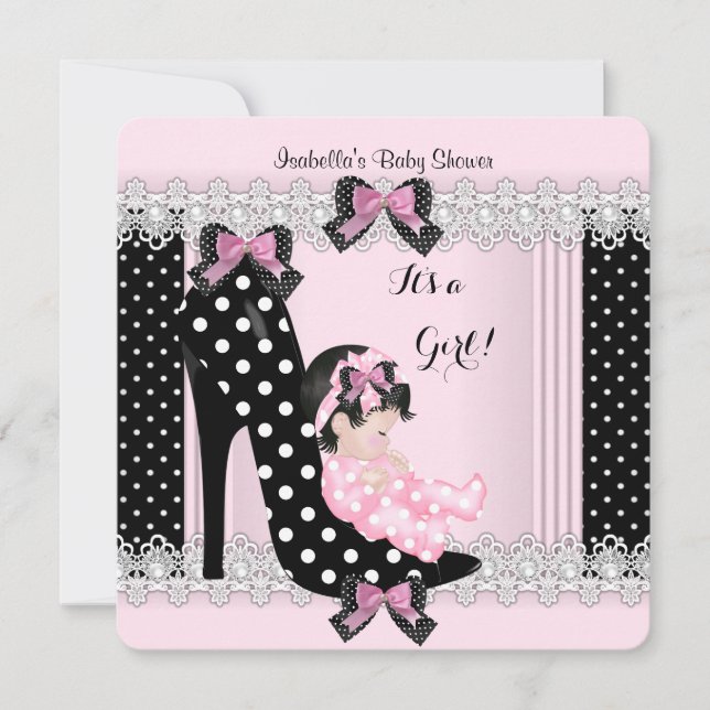 Söt baby shower flicka rosa prickar högklackad sko inbjudningar (Framsida)