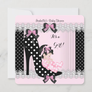 Söt baby shower flicka rosa prickar högklackad sko inbjudningar