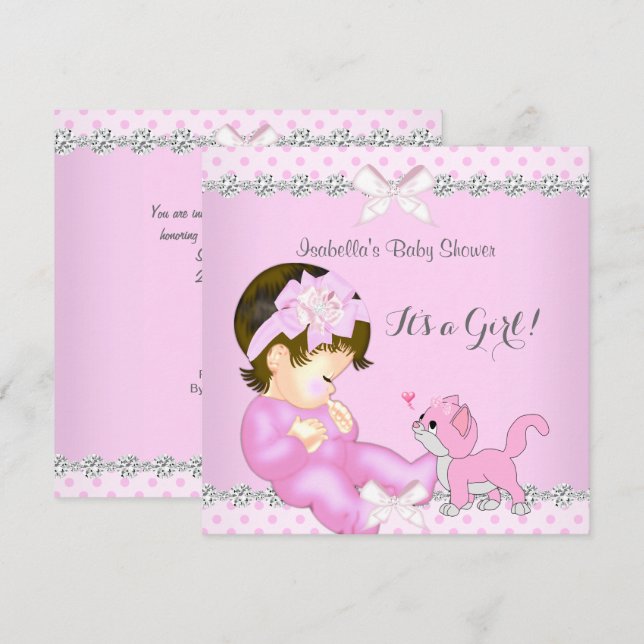 Söt Baby Shower Flicka Rosa Prickig Kattunge 2 Inbjudningar (Fram/baksida)