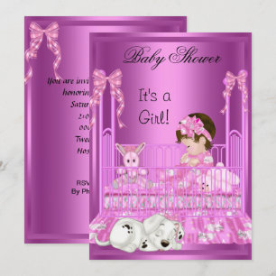 Söt baby shower flicka rosa spjälsäng valp leksake inbjudningar