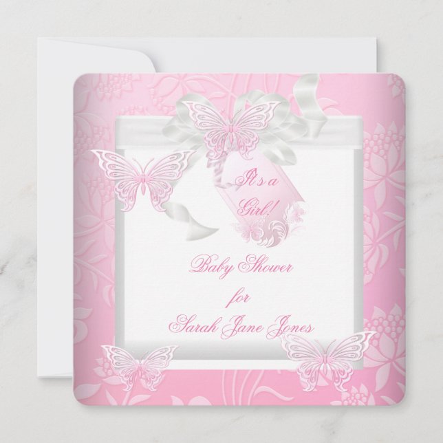 Söt baby shower flicka rosa vit fjäril inbjudningar (Framsida)