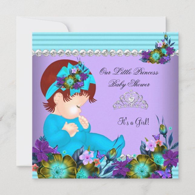 Söt baby shower flicka teal blå lila rödhårig inbjudningar (Framsida)