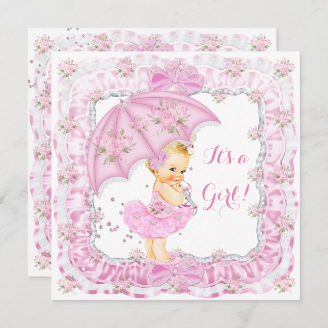 Söt Baby Shower Girl Blommigt Rosa Blonde Inbjudningar (Fram/baksida)