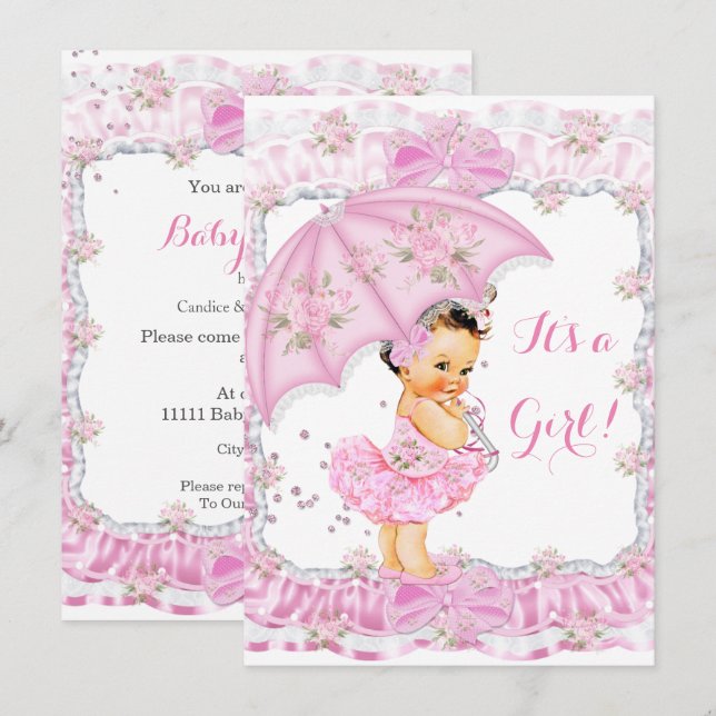 Söt Baby Shower Girl Blommigt Rosa Brunette Inbjudningar (Fram/baksida)