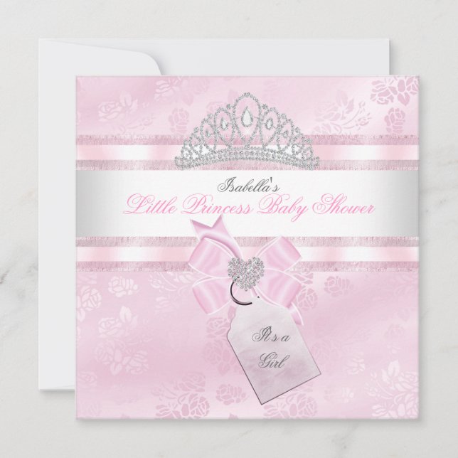 Söt Baby Shower Girl Little Princess Damask 3 Inbjudningar (Framsida)