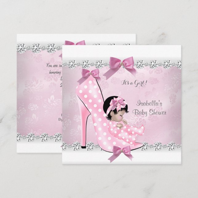 Söt Baby Shower Girl Rosa Diamond High Heel D Inbjudningar (Fram/baksida)