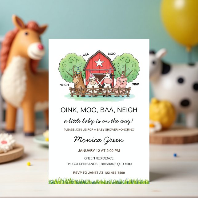 Söt baby shower med lantbruksdjur  inbjudningar (Farm Animal Baby Shower Invitation – Cute Barnyard Baby Shower Invite, Gender Neutral)