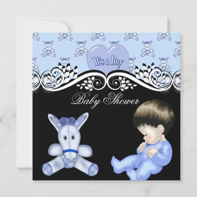 Söt baby shower pojke babyblå svart vit inbjudningar (Framsida)