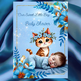 Söt baby shower pojke blå liten katt kattunge inbjudningar