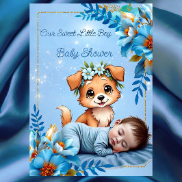 Söt baby shower pojke blå liten valp hund inbjudningar