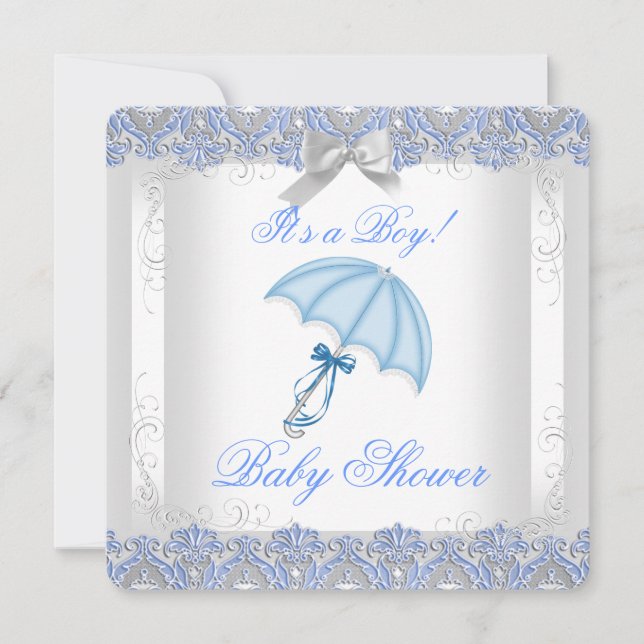 Söt baby shower pojke vit silver spets blå inbjudningar (Framsida)