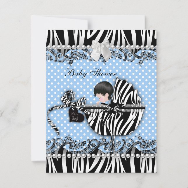 Söt baby shower zebra baby pojke blå prick inbjudningar (Framsida)