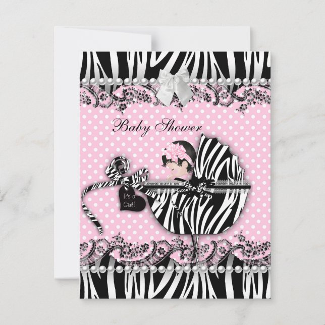 Söt baby shower zebra babyflicka rosa prick inbjudningar (Framsida)