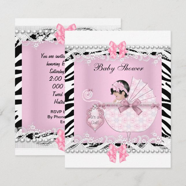 Söt baby shower zebra babyflicka rosa spets inbjudningar (Fram/baksida)