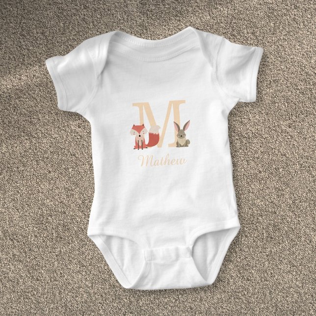 Söt baby skogsmark kanin räv monogram t shirt (Cute Baby Woodland Rabbit Fox Monogram Baby Bodysuit)