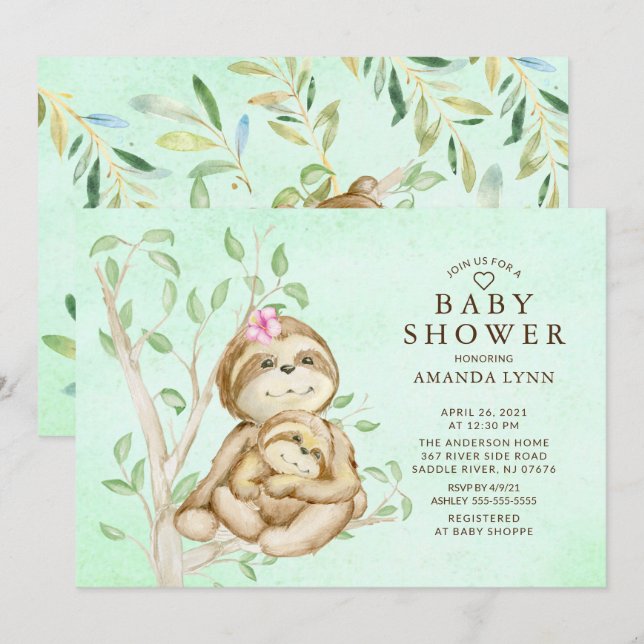 Söt Baby Sloth Neutralt Baby Shower-inbjudan Inbjudningar (Fram/baksida)