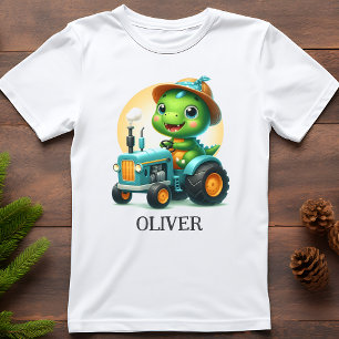 Söt Baby Trex Dinosaur Kör en Blå Traktor T Shirt