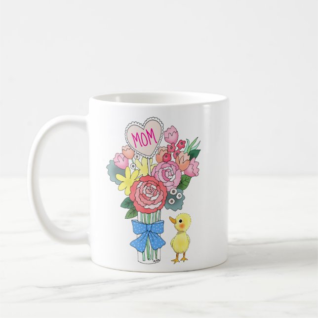 Söt babyand med vackra blommor Mors dag-present Kaffemugg (Vänster)