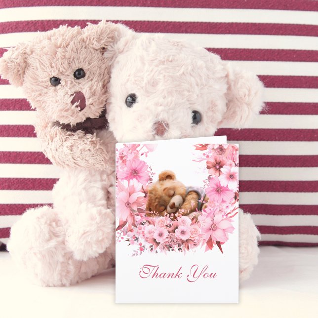 Söt babybjörn Rosa blommor Tack Kort (Skapare uppladdad)