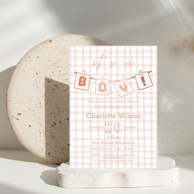 Söt babyboy shower Brun gingham Notedry Inbjudningar (Skapare uppladdad)
