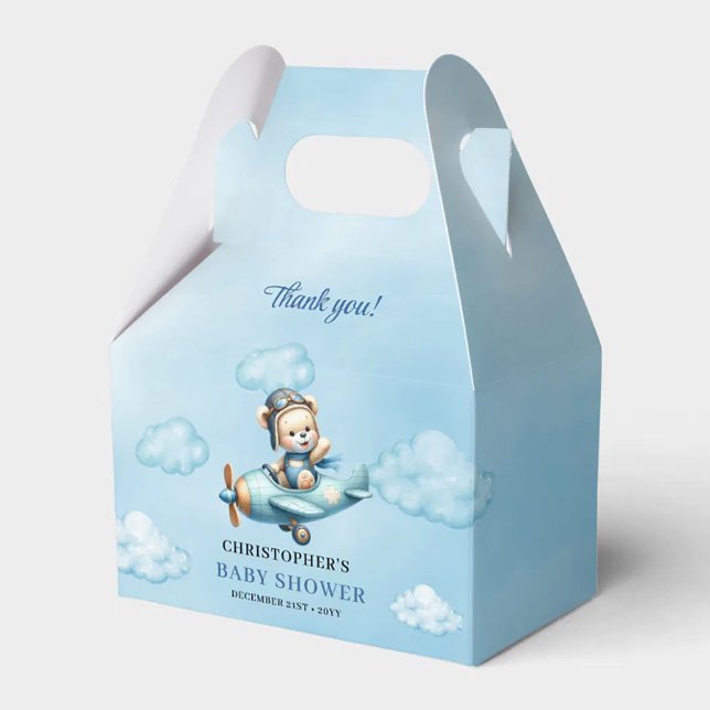 Söt babyboy shower flygplanspilot björn låda presentaskar (Adorable Baby Boy Shower Airplane Pilot Bear Box)