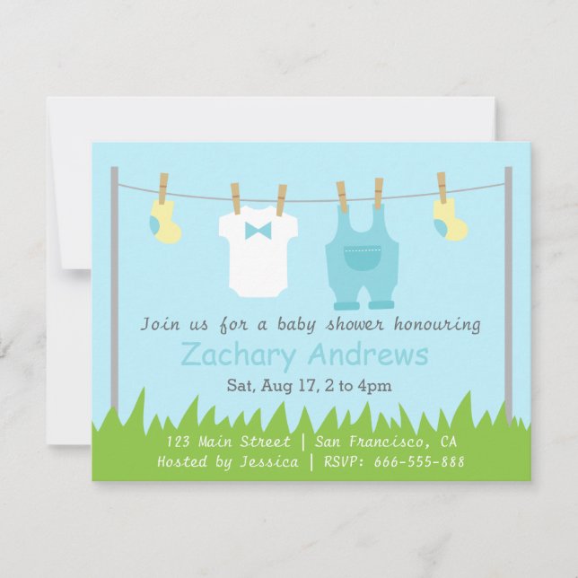 Söt babyboy shower med babykläder inbjudningar (Framsida)