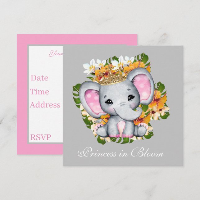 söt babydusch Princess bloom elefant Inbjudningar (Fram/baksida)