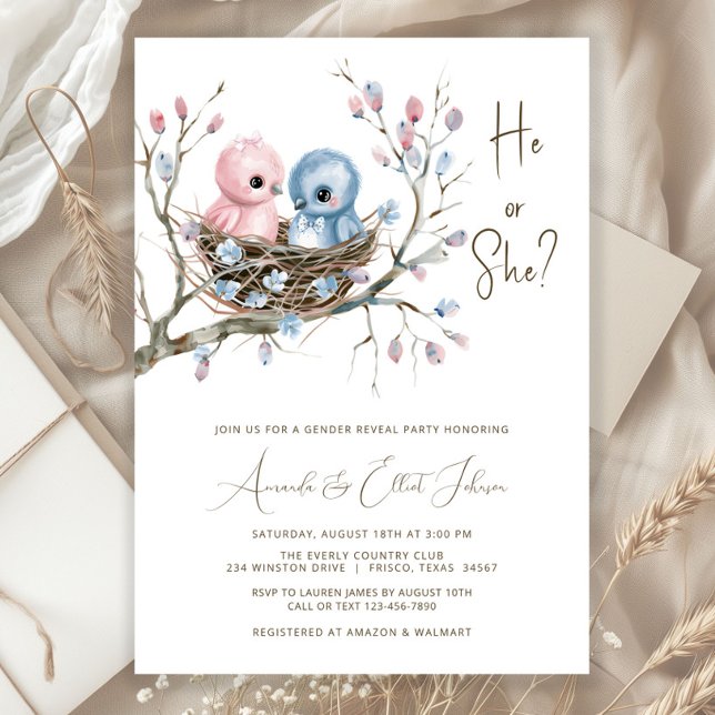 Söt Babyfågel Könsbestämning Fest Inbjudningar (Adorable baby boy and baby girl birds in nest gender reveal baby shower invitation. )