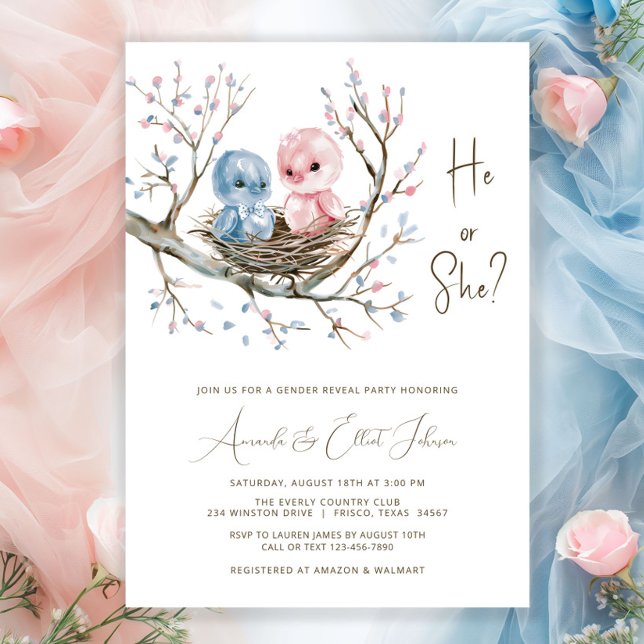 Söt Babyfågel Könsbestämning Fest Inbjudningar (Sweet baby birds in a nest on a pretty pink and blue flower tree branch gender reveal invitation. )