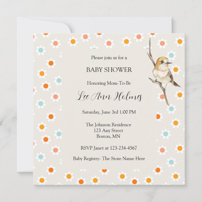 Söt babyfågel små blommor baby shower inbjudan (Framsida)