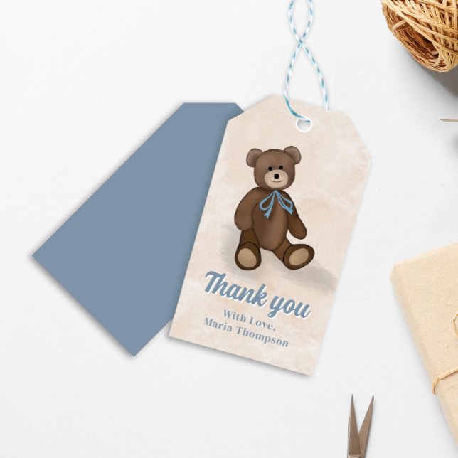 Söt babyfirande tack teddybjörn presentetikett (Cute baby shower custom gift tag.)