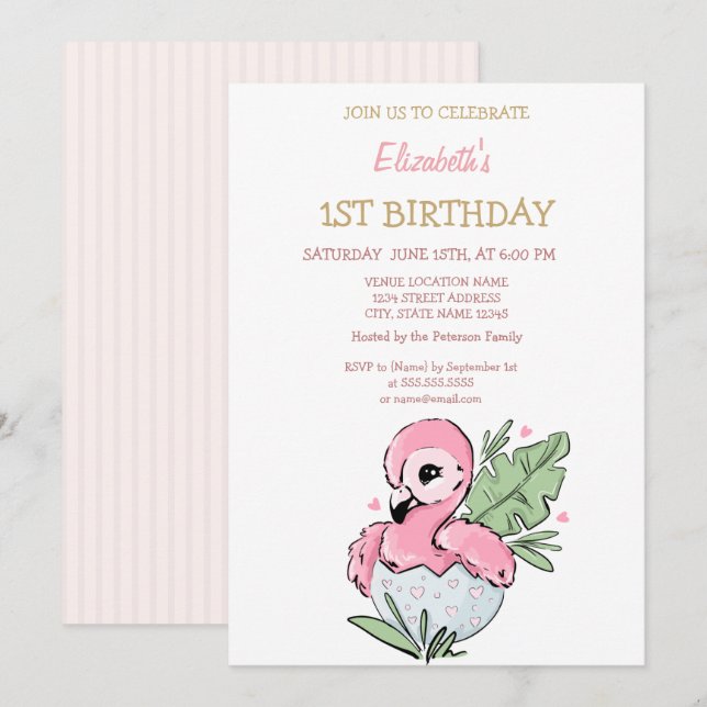 Söt babyflamingo randig födelsedag   inbjudningar (Fram/baksida)