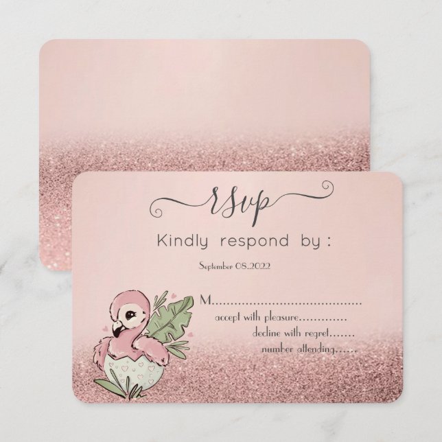 Söt babyflamingo rosa guld glitter RSVP Inbjudningar (Fram/baksida)
