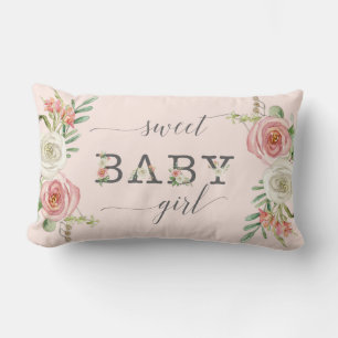 Söt Babyflicka Akvarell Rosé och Vita Blommor Lumbarkudde