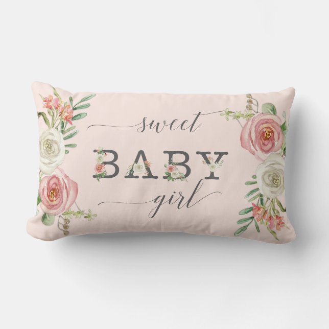 Söt Babyflicka | Akvarell Rosé och Vita Blommor Lumbarkudde (Framsida)