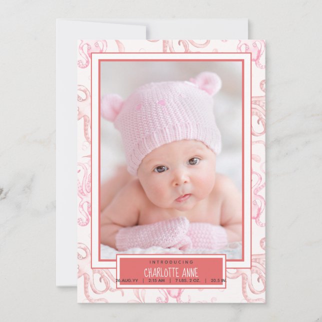 Söt Babyflicka Bläckfisk Hav Liv Födelse Tillkänna Meddelande (Framsida)