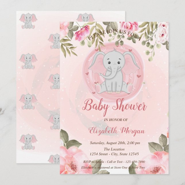 Söt babyflickaelefant, Blommig babyfirande Inbjudningar (Fram/baksida)