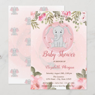 Söt babyflickaelefant, Blommig babyfirande Inbjudningar