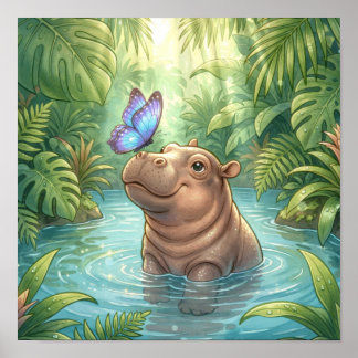 Söt babyflodhäst med fjäril Jungel Nursery Poster