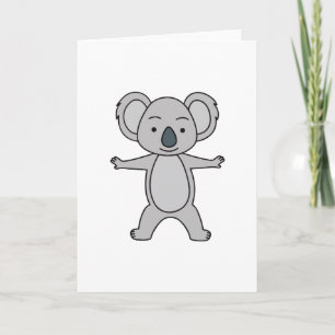 Söt babykoala med ett leende som står upp kort
